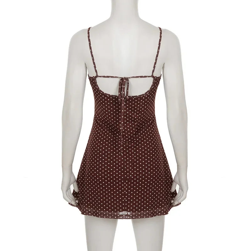 Y2K Polka Dot Mesh Cami Dress Sexy Spaghetti Strap V Neck Backless Tie up Color Block Bodycon Mini Dress for Daily Wear