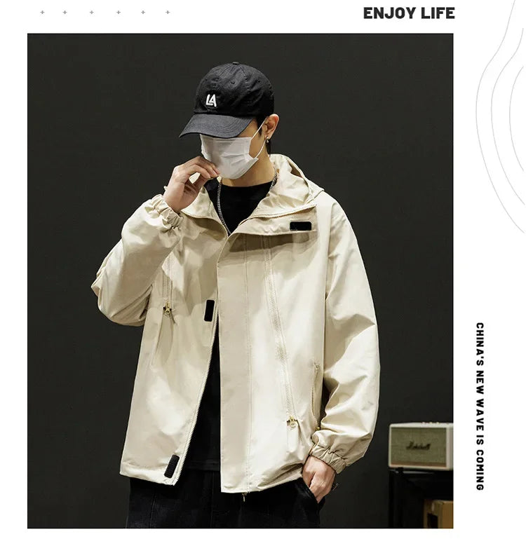 Japanese Windbreakers Men's Jacket Zipper Coat Cargo Waterproof Jackets Bomber Camping Loose Thin Softshell Hooded Hiking Jacket