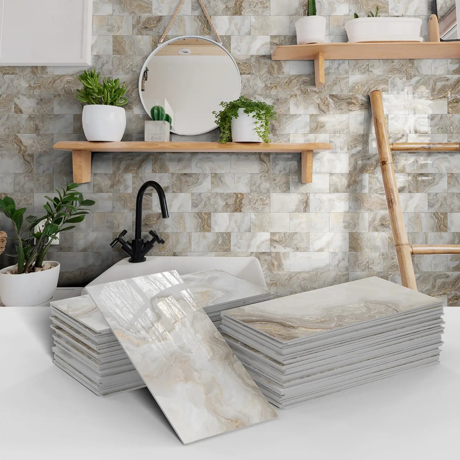 Marble Pattern Wall Sticker, 16/32/64pcs Peel & StickWall Decal, Waterproof Decorative Sticker For Home