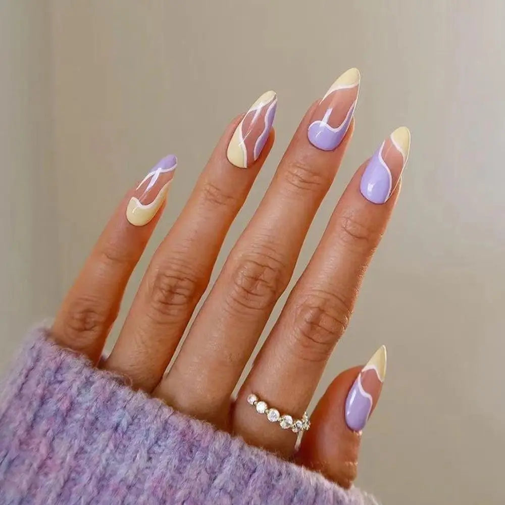 24Pcs/Set Blue Sky White Cloud Fake Nails Glue DIY Manicure Pattern Design False Nail French Stiletto Full Cover Nail Art Tools