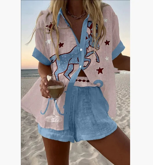 2025 New Summer Vacation Shorts Set 3D Printed Seaside Tropical Casual Lapel Shirt Blouse Top Shorts 2-Piece Suits Beach Holiday