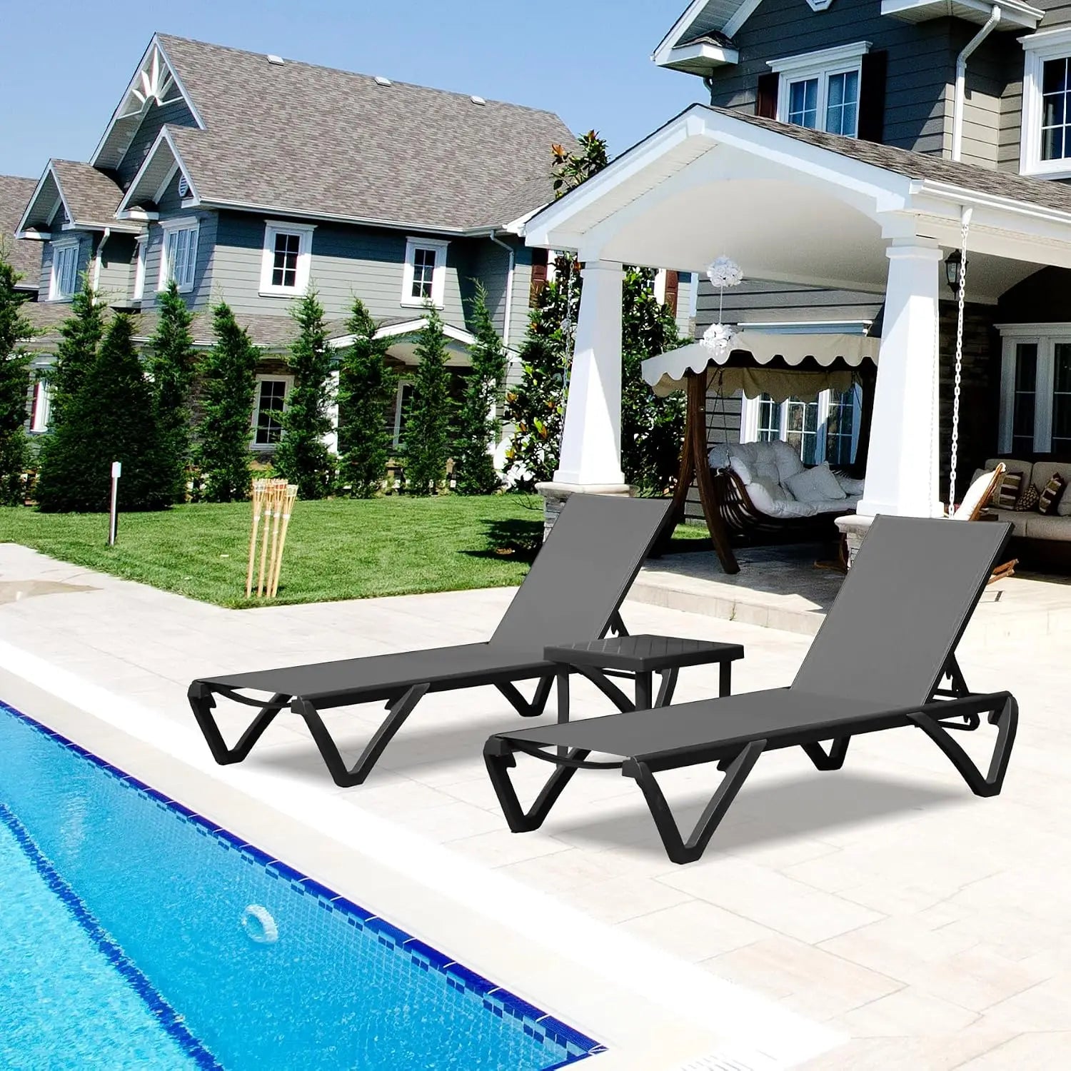Outdoor Aluminum Chaise Lounge 3-Piece Set 5-Position Adjustable Recliner with Side Table for Patio Beach Pool Yard, Customized