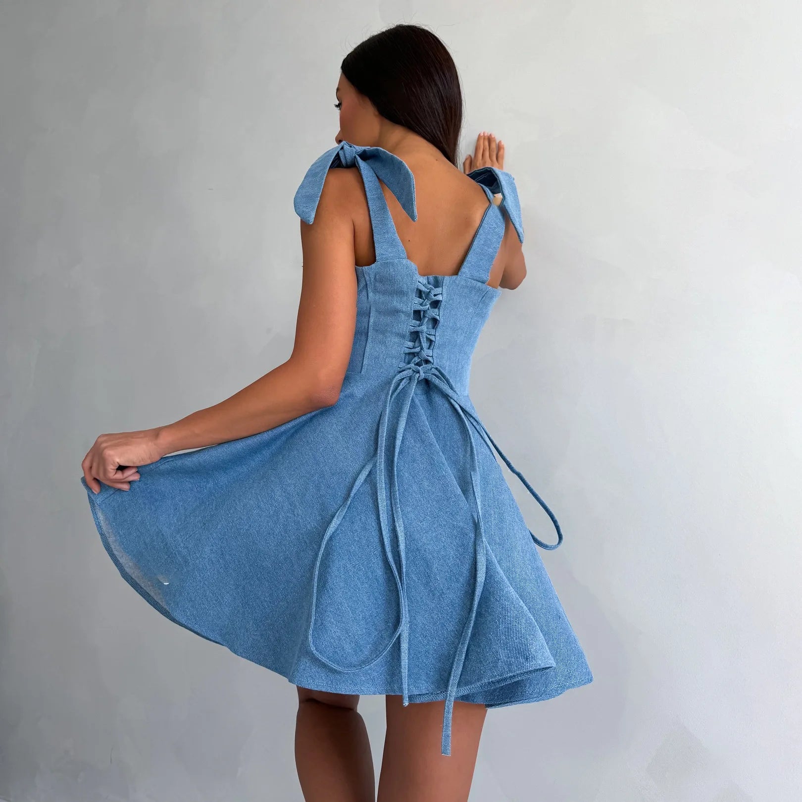 Denim Dress for Women Sexy Adult Clothing Fashionable Hot Girl Collar Bow Tied Strap Skirt Waist Dress Hight Street Style Summer