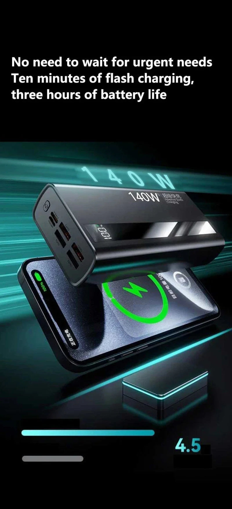 Lenovo Ultra Capacity 500000mAh 140W Super Fast Charging CCC LED Digital Display Portable Battery Charger Powerbank