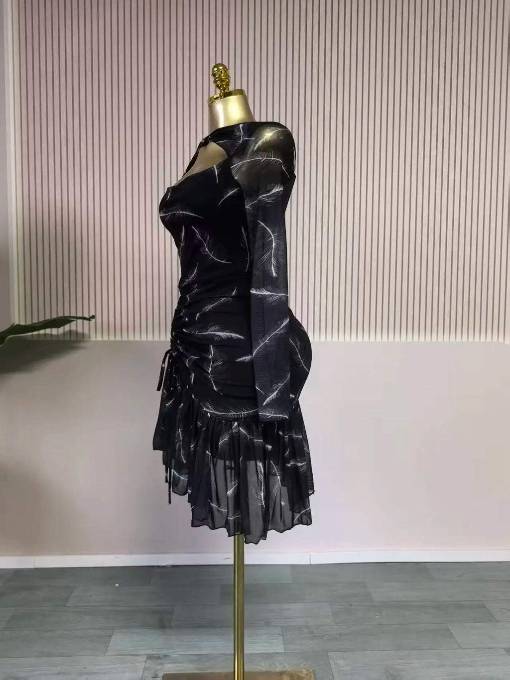 CM.YAYA Women Full Sleeve Print Stacked Ruffles Bodycon Mini Dress Fall Evening Birthday Vacation Party Vestidos Sexy Dresses