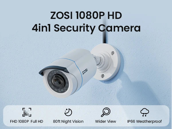 ZOSI HD 1080P 2MP H.265 4-in-1 CCTV Video Home Security IR Night Vision Weatherproof Bullet Camera for Surveillance System
