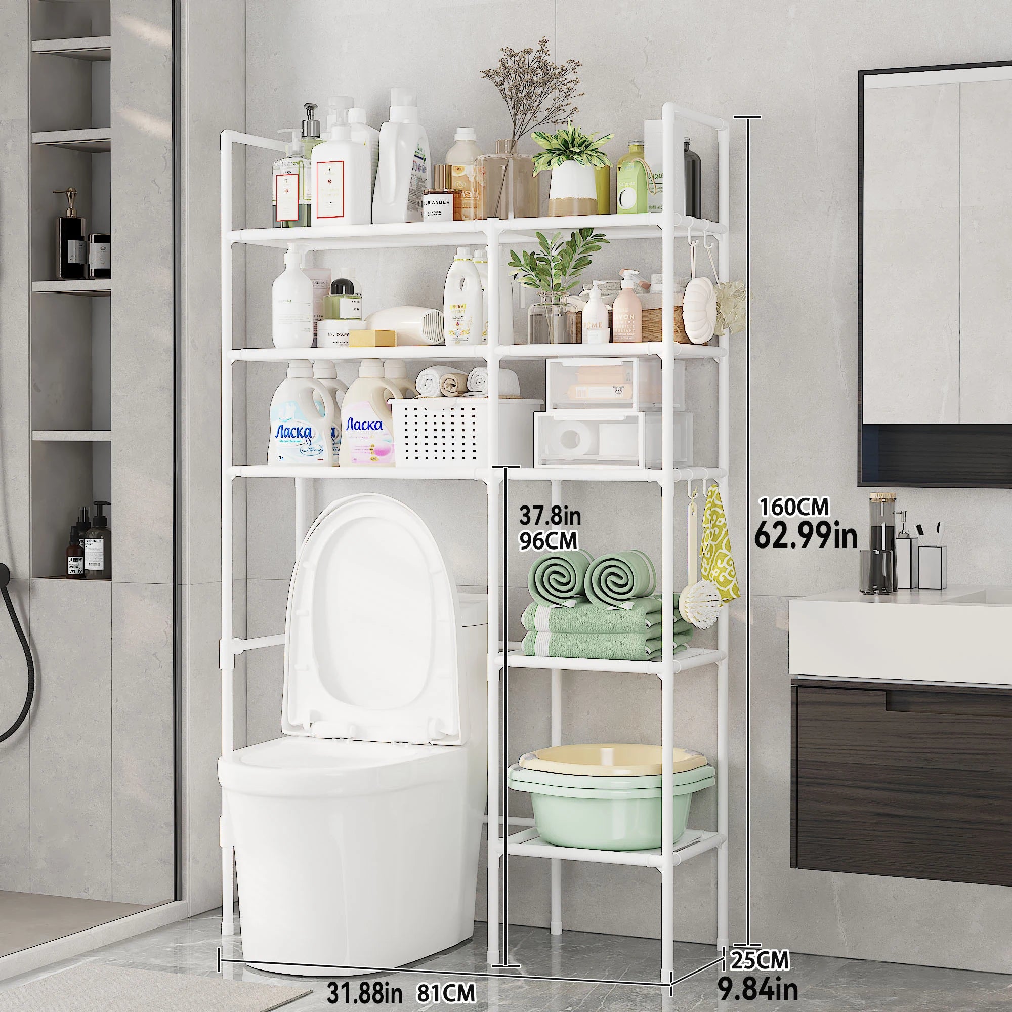 2/3 Tier Bathroom Storage Cabinet - Space-Saving, Over-The-Toilet Storage Shelf, Easy to Assemble, Suitable for Bathroom Essentials with Rust-Proof Metal Frame and Plastic Dividers, Ideal for Storing Toiletries, Towels, and D