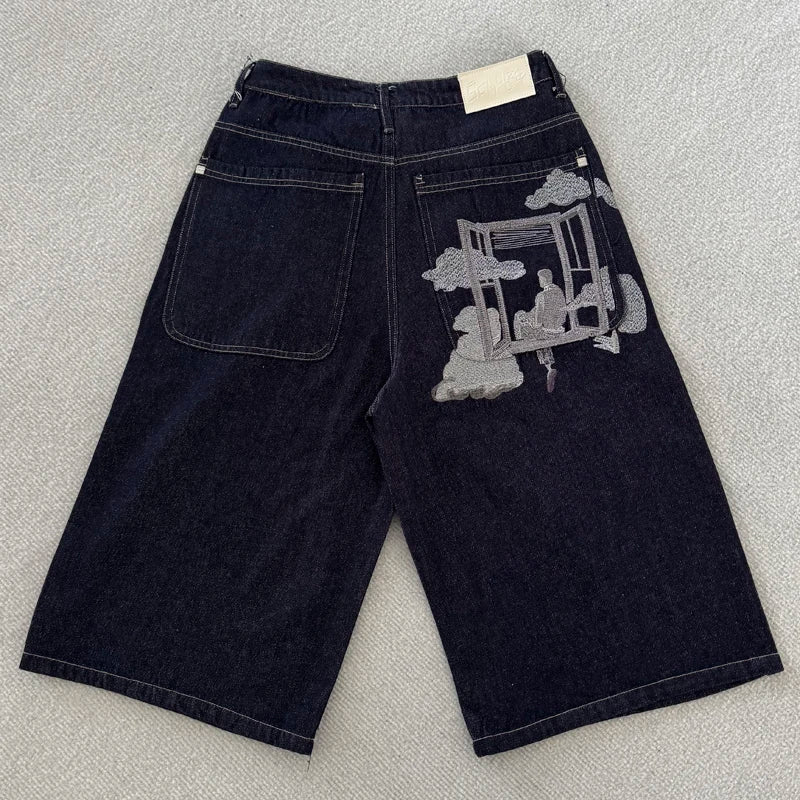 New High Quality American Retro Derchutze Denim Shorts Embroidered Patterns Men's Straight Leg Pants Stock