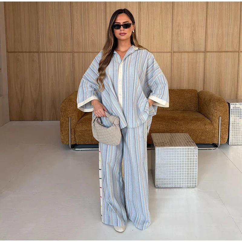 Loose Striped Contrast Wide Leg Pants Set Women Oversized Lapel Single Breasted Shirt Trousers 2026 Summer Lady Casual Outfits