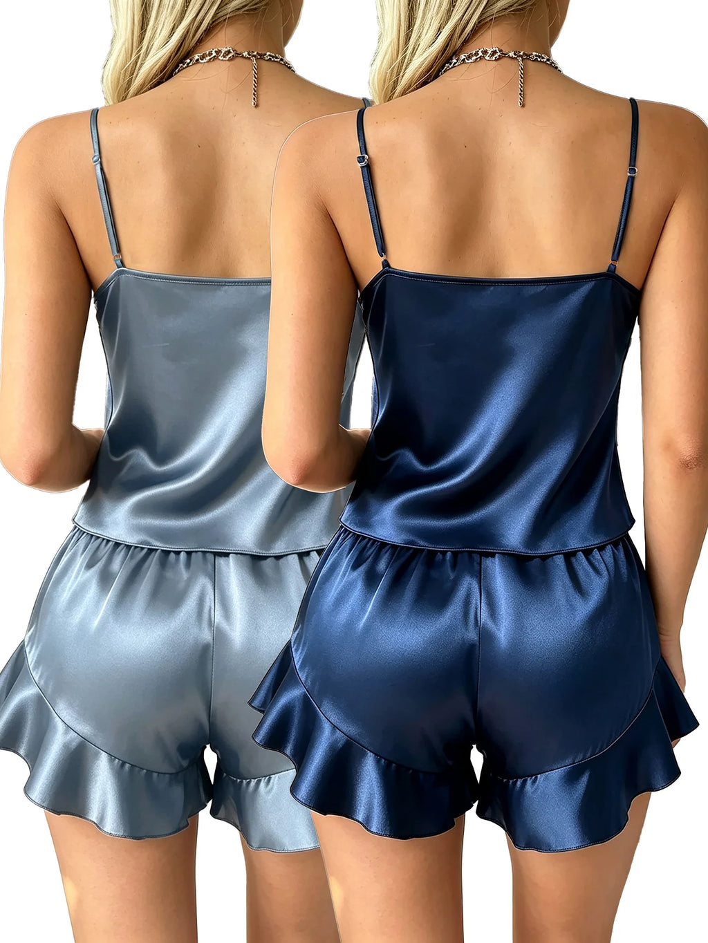 Elegant Solid Women Satin 2 Piece Pajama Set V Neck Top Ruffle Shorts Loose Ladies Home Sleepwear Loungewear