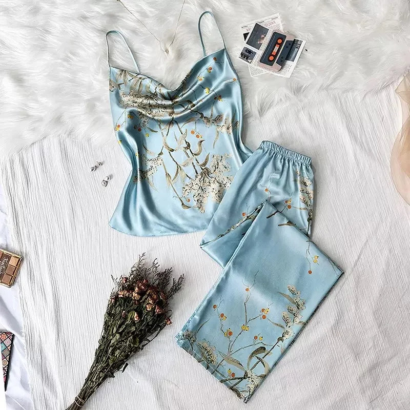 Sexy Simulated Silk Printed Camisole And Trousers Two-Piece Set Women's Home Wear Charming Floral Patterned Nightgown Outfit