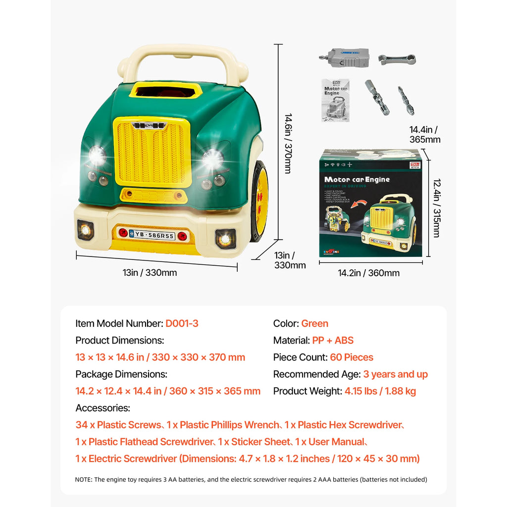 SucceBuy 60 Pcs Kids Mechanic Car Repair Set with Removable Parts & Horn Workshop Set Engine Toy for Toddler Children Gift