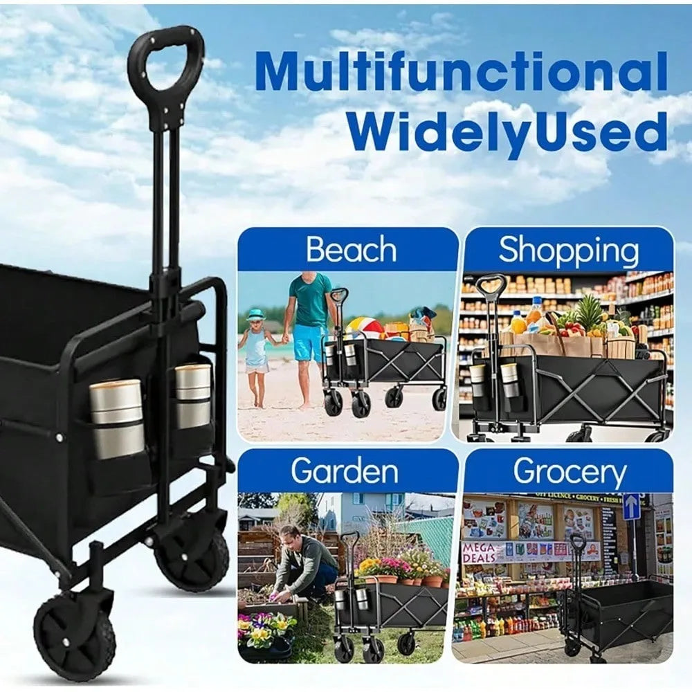 29.5' Heavy Duty Portable Foldable Trolley with All-Terrain Wheels Black for Beach Lawn Sports Camping - Durable Travel Cart