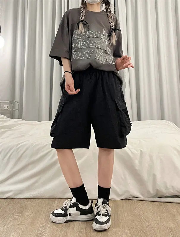 Women High Waist Cargo Shorts American Style Streetwear Summer Wide Leg Pants Fashion Female Big Pocket Loose Shorts