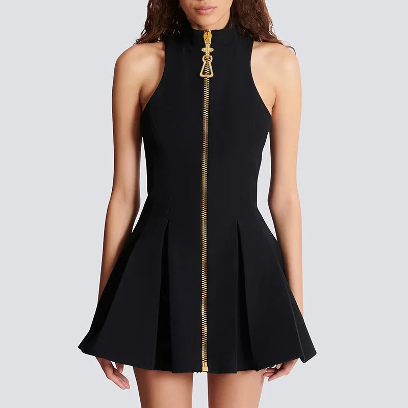Sexy Pure Desire Vest Short Skirt Women's Dress High Waist No Sleeve round Neck Polyester Fiber Pure Color Autumn New Design
