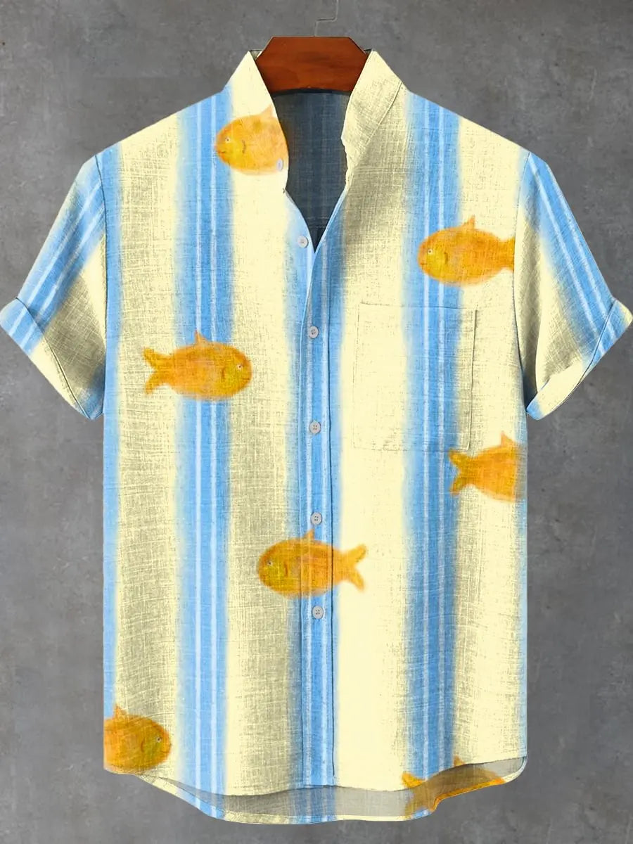 Men's new summer beach casual fish pattern short sleeved shirt fishing enthusiast clothing linen button up shirt