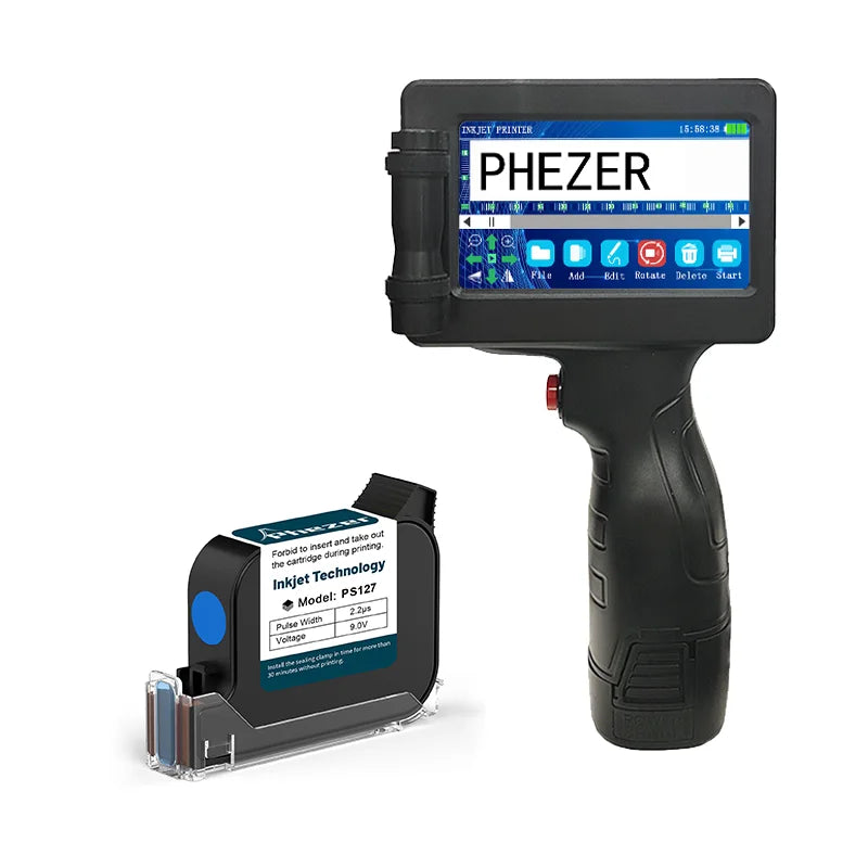 Phezer 1755 Handheld Inkjet Printer 12.7mm Portable Label Printing Machine Expiry Date Number QR Bar Code Logo Red Blue Black