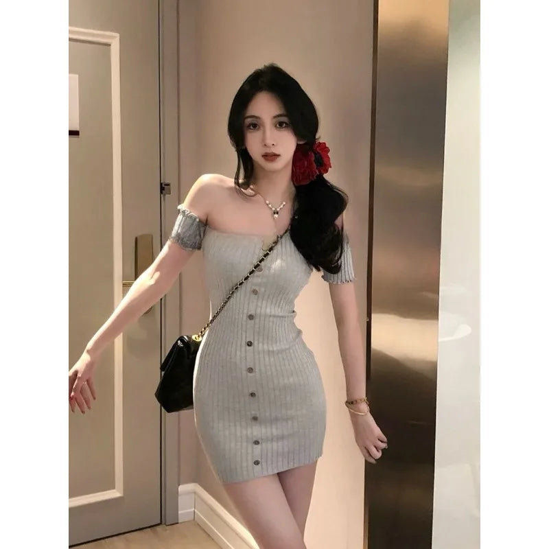 Dress Women's Off-the-shoulder Sexy Form-fitting Pencil Skirt Button-up Slimming Fitted Waist Short Length New Niche Versatile