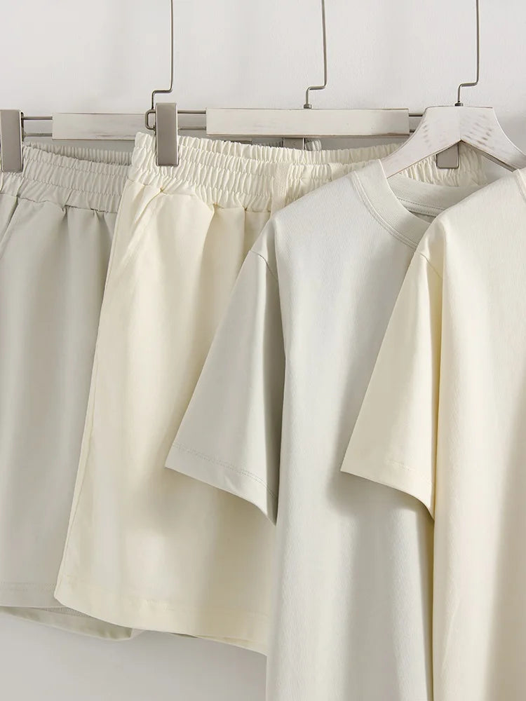 Summer 2 Piece Shorts Set Woman Cotton Brown Oversized T Shirts And Shorts Two Pieces Outfits For Women White Short Sets Pink