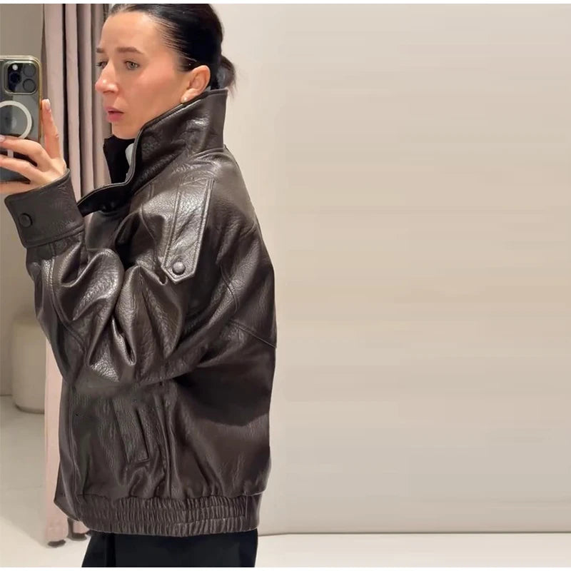 High Street Leather Jackets Women's Casual Double-breasted Turn Down Collar Loose Coats Elastic Waist 2026 Autumn New Outwear