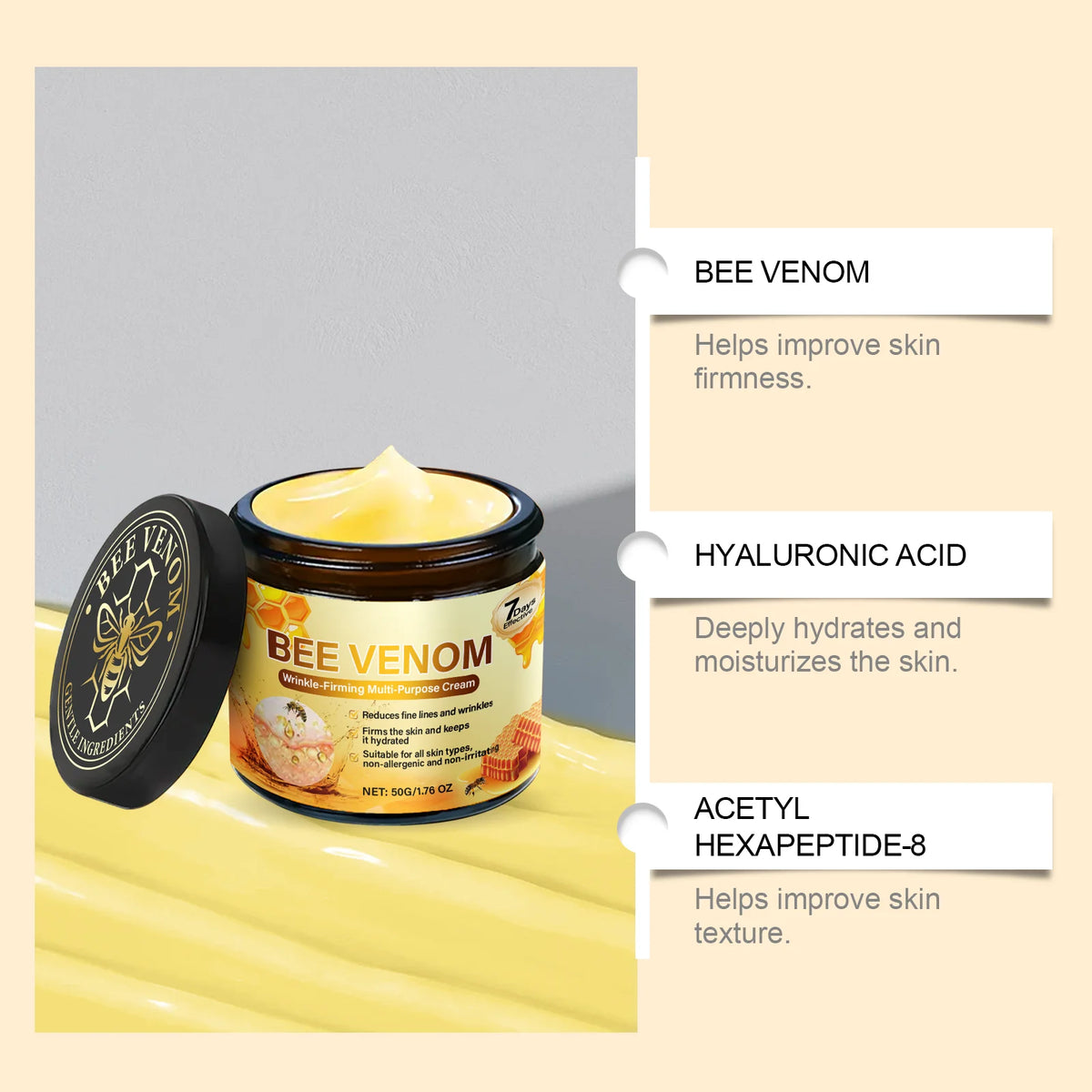 Bee Venom Firming Cream Anti-Wrinkle Lifting Face Moisturizer with Hyaluronic Acid Reduce Fine Lines Multipurpose Bee Venom Crea