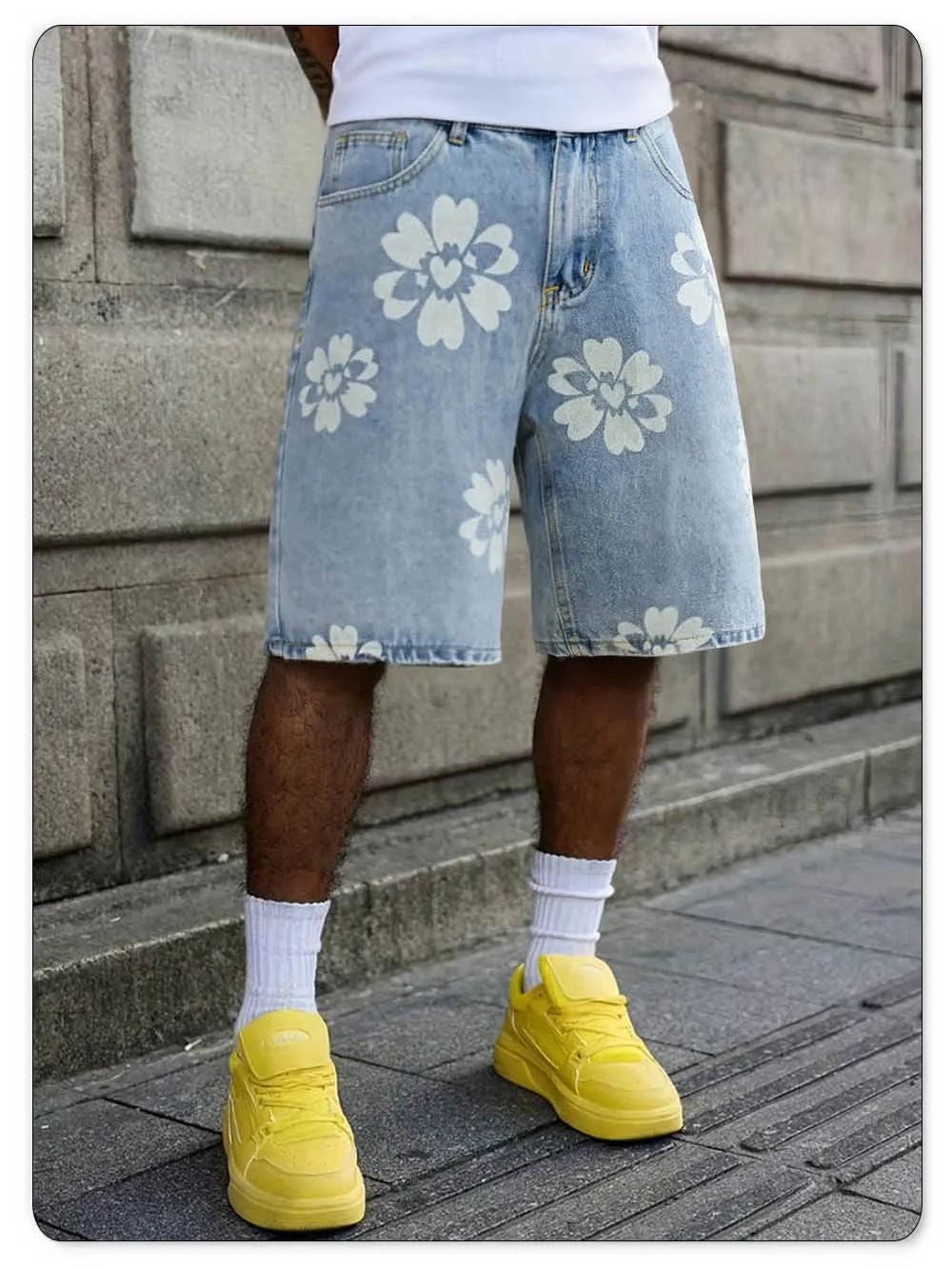 LIYS Fresh Delicate Style Flower Print Fashionable Wide Leg Men's Jeans Y2K Casual Elegant Bermuda Denim Shorts Couple Pants