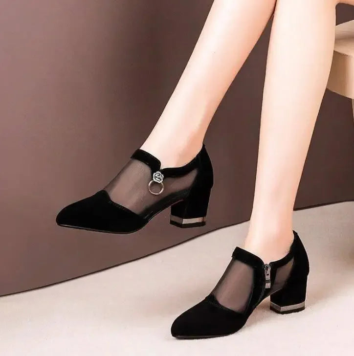 Summer Women High Heel Shoes Mesh Breathable Pumps Zip Pointed Toe Thick Heels Fashion Female Dress Shoe Autumn Elegant Footwear