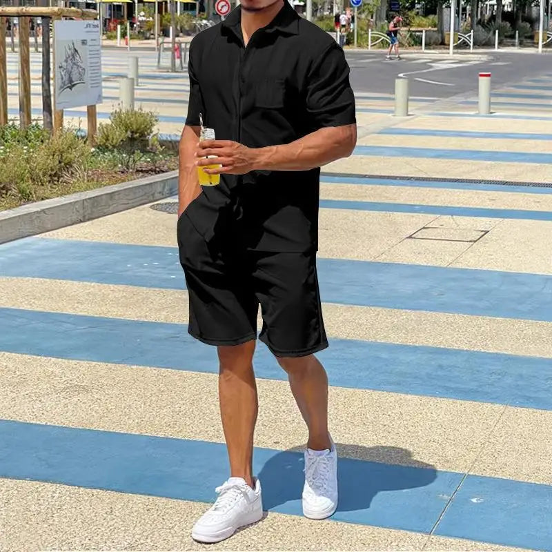 2026 Men's Summer Solid Casual Sets Comfy Cotton Linen Short Sleeve Lapel Shirt and Shorts Two Piece Sets Men Loose Sport Outfit