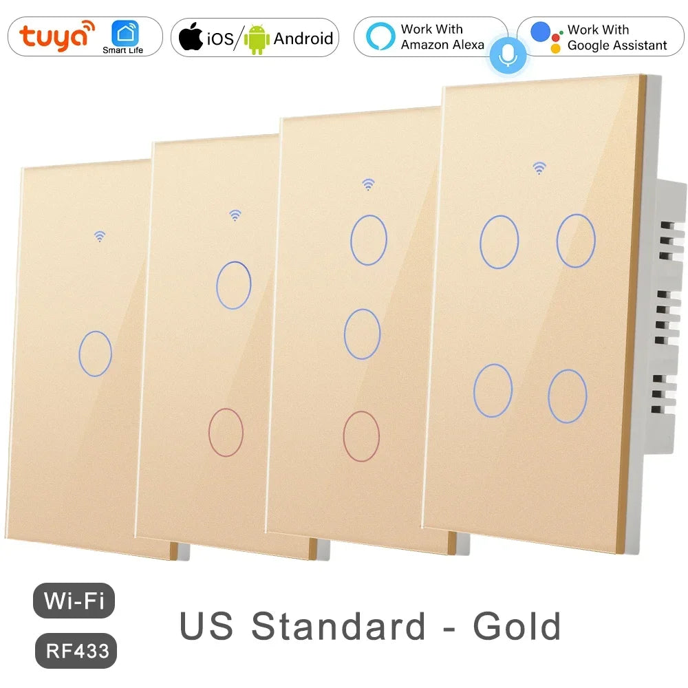 2 Way Smart RF433 Remote Control Wall Light Touch Switch Light Glass WiFi Tuya Smart Life US USA White Black Gold Alexa ON OFF