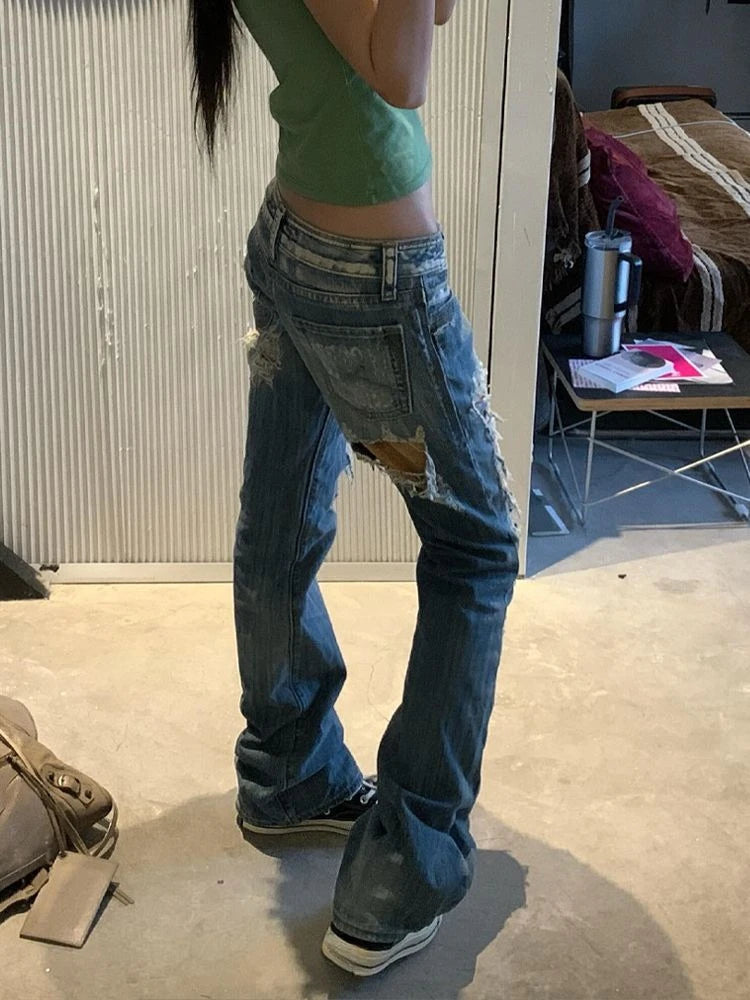 Women Streetwear Vintage Ripped Jeans 2026 Summer Hole Design 2000s Boyfriend Denim Pants American Retro Casual Trousers