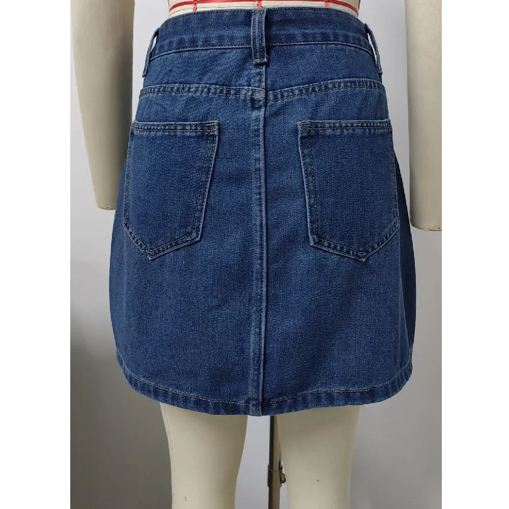 Women Summer Denim Skirts Solid Color Straight Jeans Mini Skirt