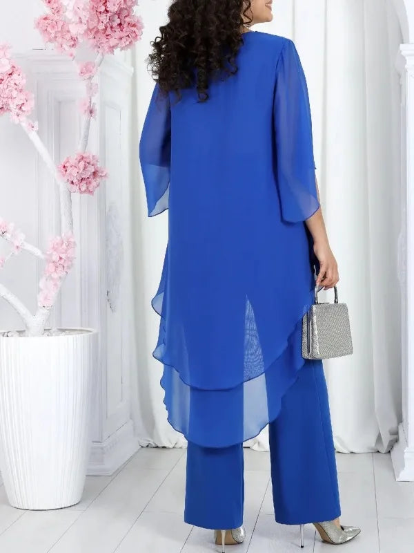 Women's Solid Chiffon Two Piece Sets Spring O-neck Mid-Sleeve Layered Ruffled Edges Long Top & Straight-leg Pants Sets Outfits