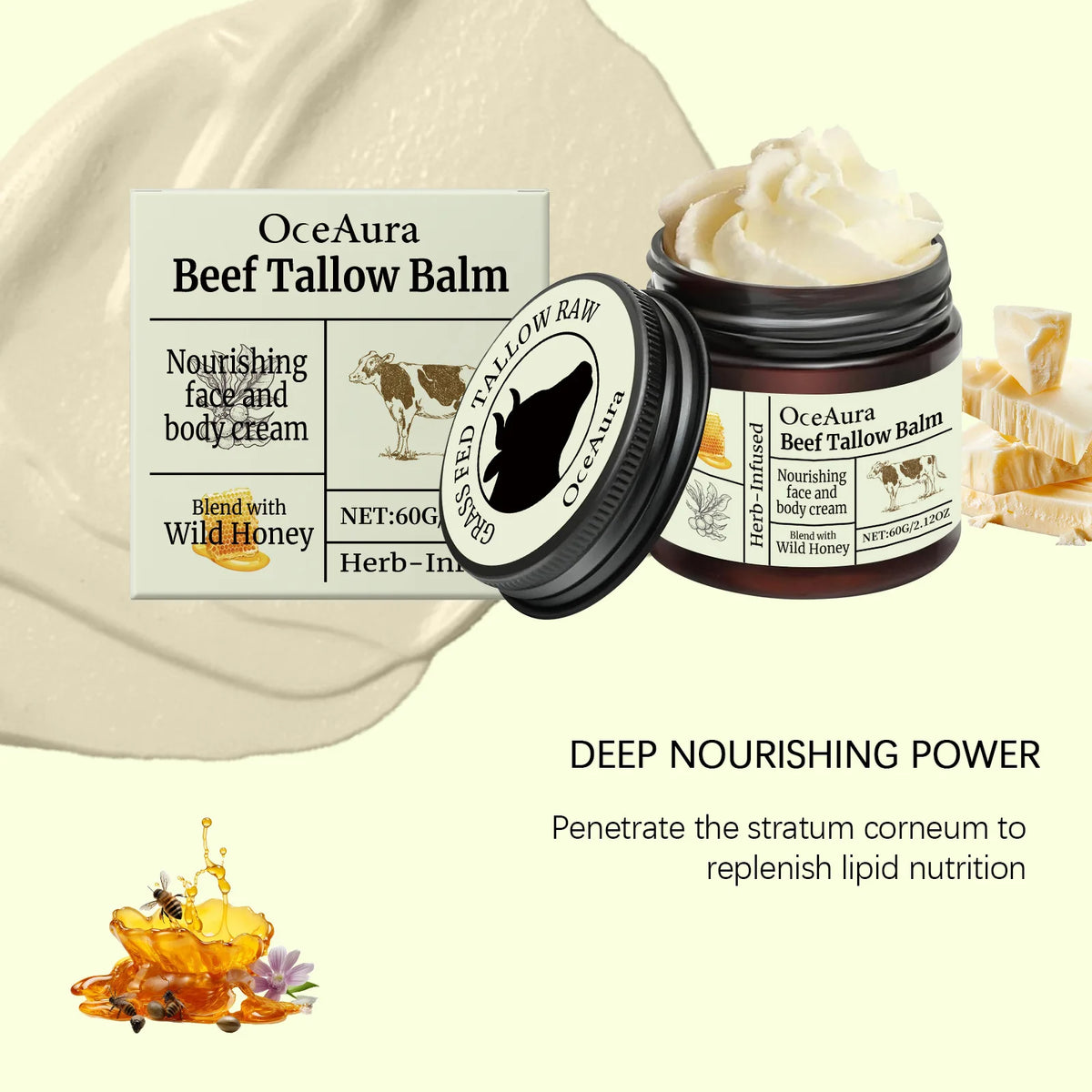 OceAura Beef Tallow Balm Deep Moisturizing Nourishing Brightening Skin Long-Lasting Fragrance Refreshing Care Face Body Lotion