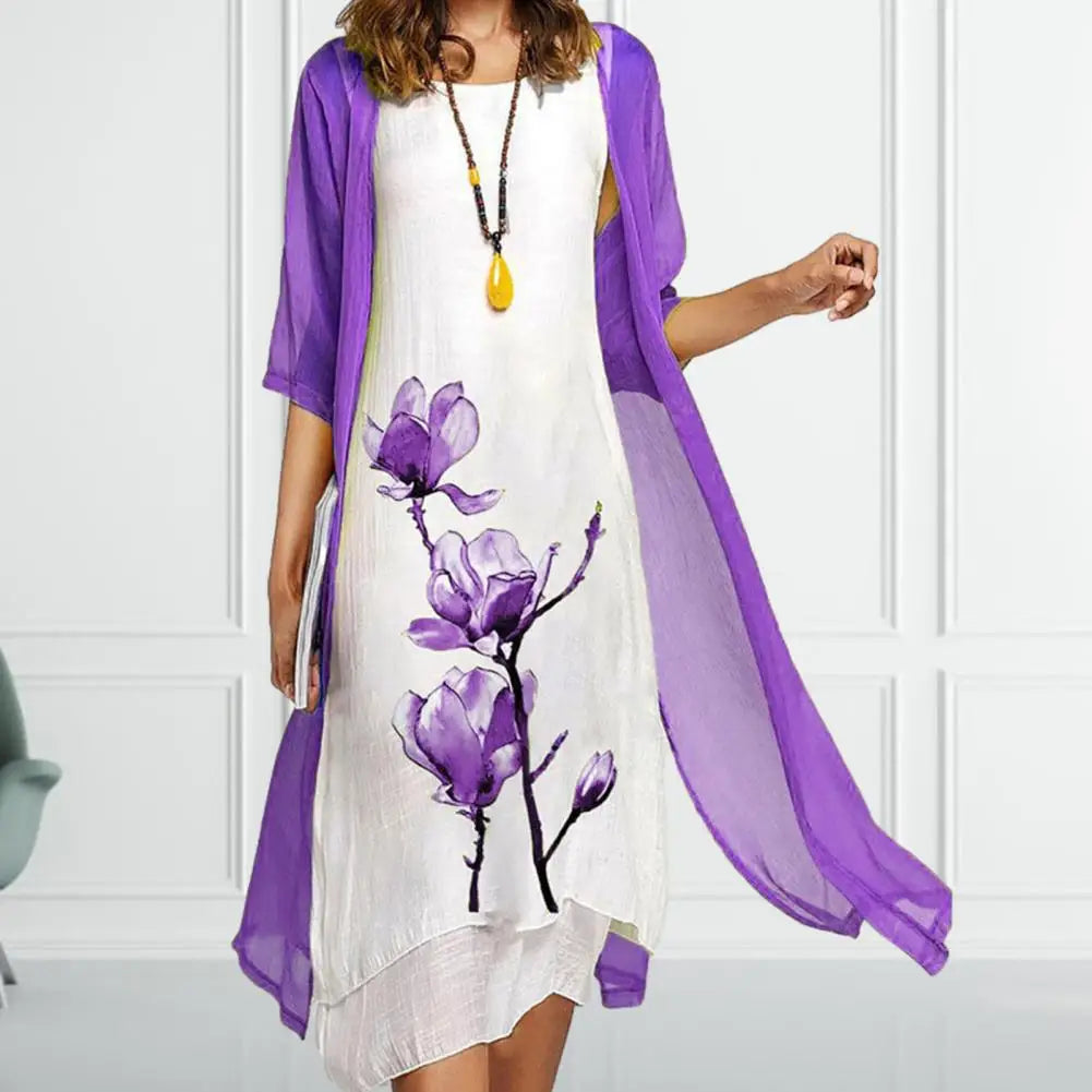 Flower Print Elegant Dress Shawl Coat Set Irregular Hem Dress Cardigan Coat Set Women Two-piece Mid Length Dress Coat Set 80%