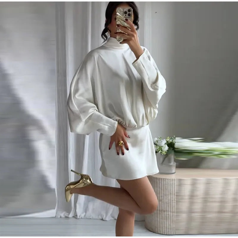 Elegant Satin Mini Dress For Women Fashion Scarf Collar Batwing Sleeve Waist Dress Lady 2025 Autumn Chic Party Evening Vestidos