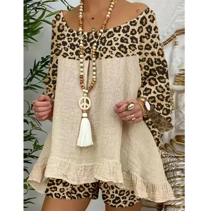 Linen Blouse Tops And Loose Shorts Suit Vintage Two Piece Set Print Sets Female Leopard Patchwork Outfit