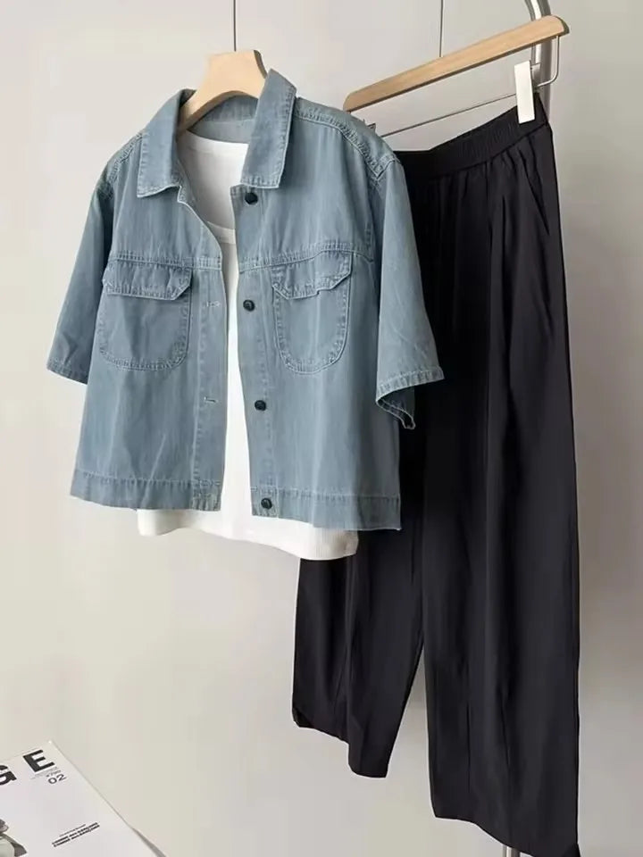 Retro Thin Casual Denim Short Sleeve Jacket Women 2025 Summer High-End Elegance Top Denim Shirt  Female
