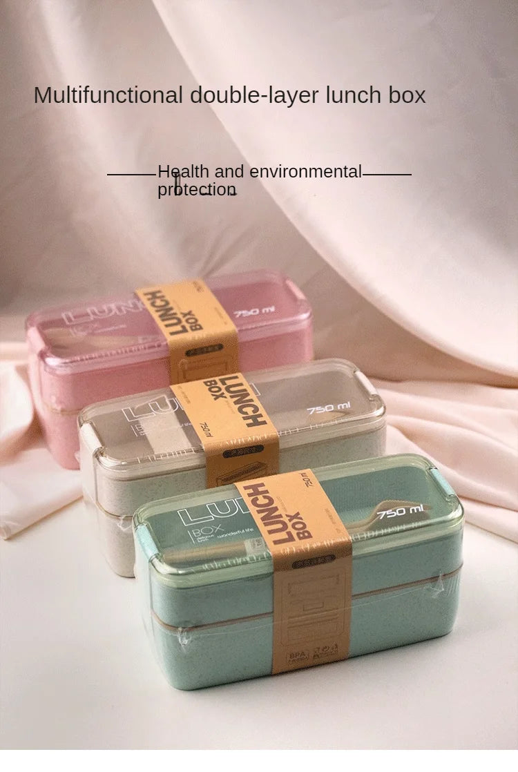 Wheat Straw Lunch Box ，Stackable Bento Box Microwave Dinnerware Food Storage Container with Spoon Fork For Student Work，2 Layer