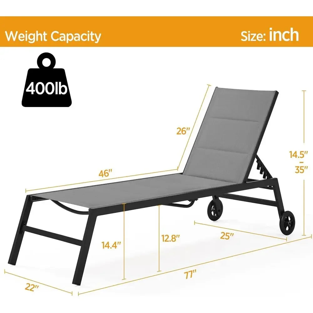 Weather-Resistant Outdoor Reclining Chaise Lounge with Wheels, 5-Position Adjustable, Ideal for Patio, Pool, Beach, Yard - Gray