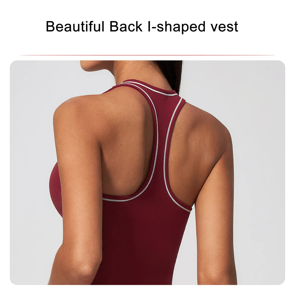 Hamidou Woman Color Blocking Yoga Tank Top Summer Gym Running Beautiful Back I-shaped Vest Gather Shockproof Workout Fitness Top