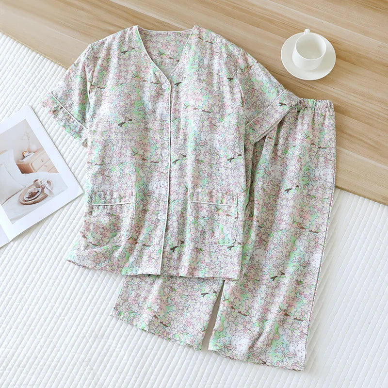 2026 Summer Women's Pajama Set 100% Cotton Double layer Gauze with Chest Cushion Short Sleeve+Seven piece Pants Two piece Set