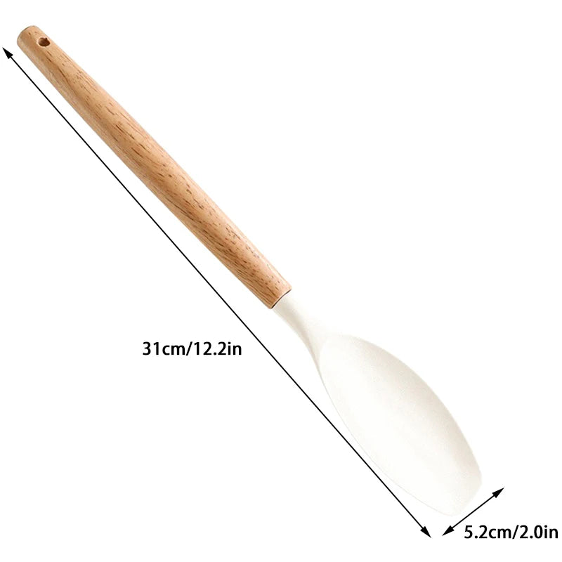 1Pc Silicone Spatula Scoop With Wooden Handle Salad Agitator Pot Scoop Home Cooking Utensils Kitchen Gadgets