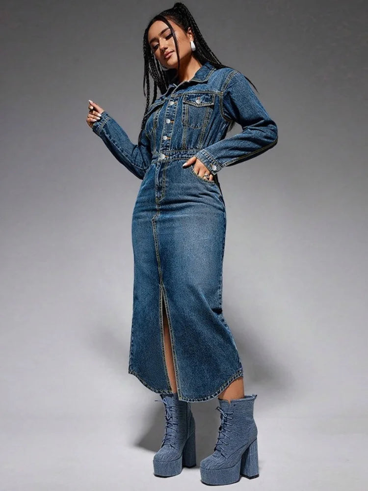 Wmstar Denim Dresses Women Long Sleeve Casual Button Pockets Maxi Dress Fall Clothes Fahion Streetwear Wholesale Dropshipping