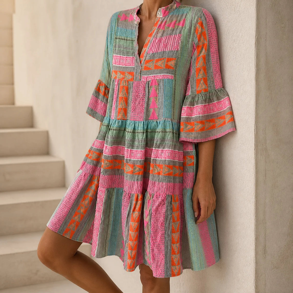 Women's Summer Loose Fit V Neck Three Quarter Flare Sleeve Printed Burnout Cotton Linen Pullover Dress for Women with Boho