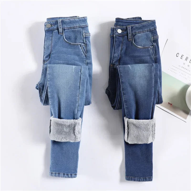 Lady Plush Thermal Jeans Winter Snow Warm Stretch Thin Jeans Women Fleece Pencil Pants Fashion Straight Leg Denim Trousers