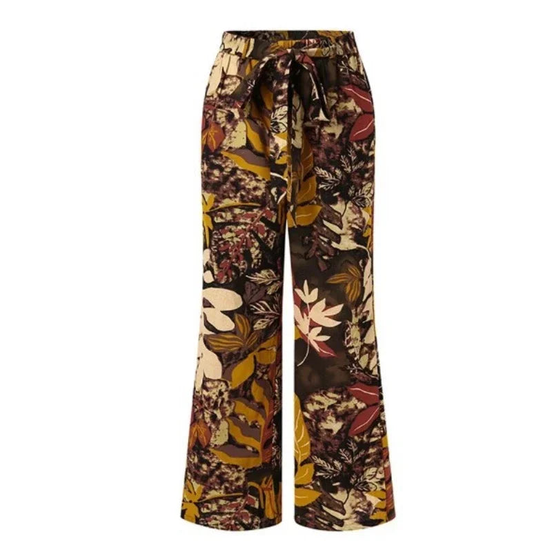 High Waist Drawstring Straight Women Pants 2024 Spring Fashion Loose Trousers Vintage Printed Casual Ladies Wide-Leg Long Pant