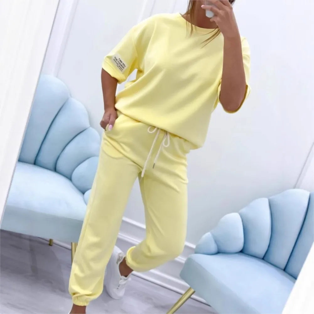 Fashion O Neck Short Sleeve Solid Color T-shirt Women Trousers 2-piece Set Summer Casual Sports Elastic Small Feet Trousers Suit
