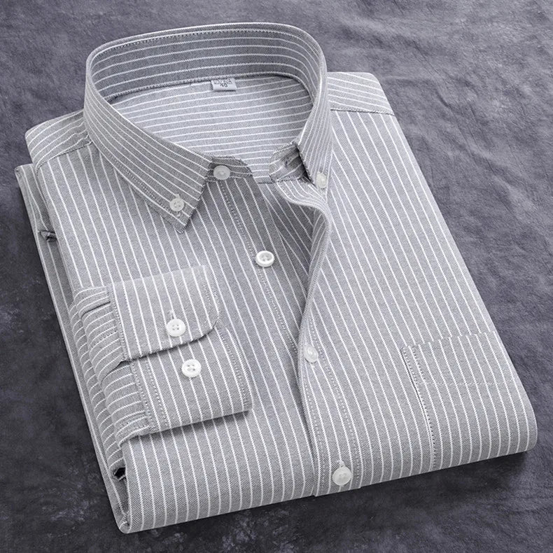 Newly Design Shirts For Men Spring Fall Long Sleeve Solid Color Oxford 100% Cotton Smart Casual Business Stripe Plaid White 5XL