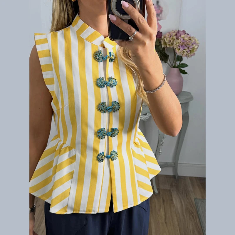 Striped Mandarin Collar Frog Button Ruffle Trim Top Striped Single‑breasted 2026 Summer Women Blouse Versatile Casual Lady Top