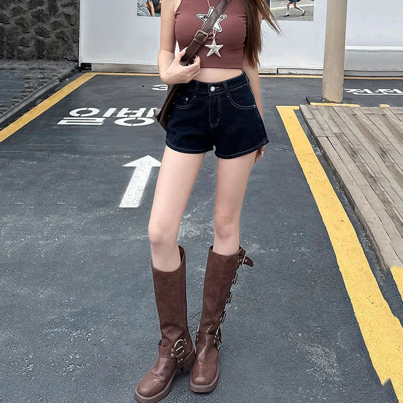 Casual Denim Shorts Women Summer Slim Fit High Waisted Pockets Hot Mini Pants Female Deep Blue Versatile Slimming Short Jeans